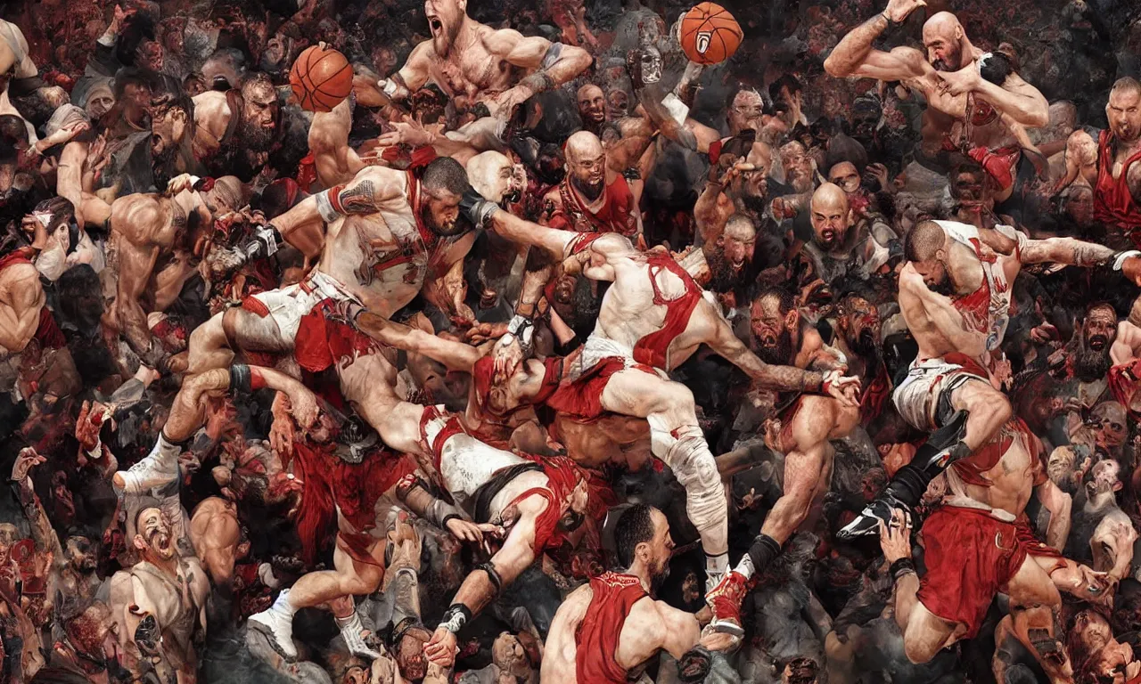 Prompt: a detailed digital art rendition of kratos as lebron james throwing basketballs in a mosh pit, art by norman rockwell