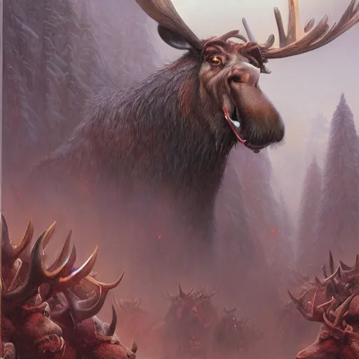 Prompt: anthropomorphic moose barbarian by greg rutkowski by tim hildebrandt by wayne barlowe