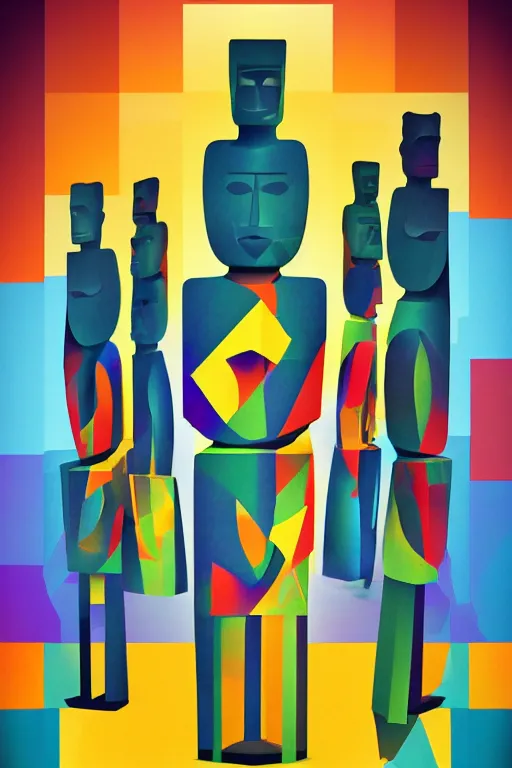 Image similar to cubist moai statue cutout digital illustration cartoon colorful beeple