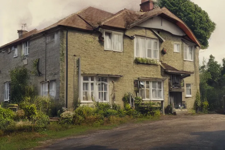 Image similar to cyberpunk, an estate agent listing external photo of a 5 bedroom detached house in the countryside, by Paul Lehr, highly detailed, photorealistic, 8k, anamorphic, cinestill cinematrography