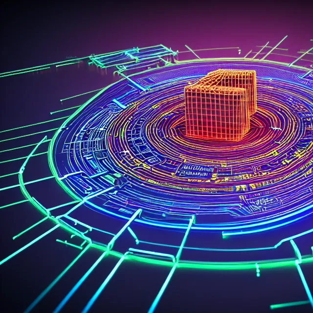 Prompt: beautiful 3 d render of blockchain, futuristic circuit blocks connected with thick glowing wires, centered, symmetry, painted, intricate, volumetric lighting, beautiful, rich deep colors masterpiece, sharp focus, ultra detailed, in the style of dan mumford and marc simonetti, astrophotography