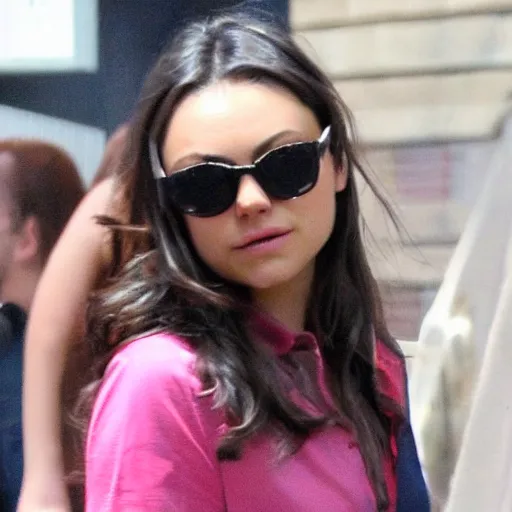 Prompt: Mila Kunis, wearing a pink baret and red shirt and avaiator glasses