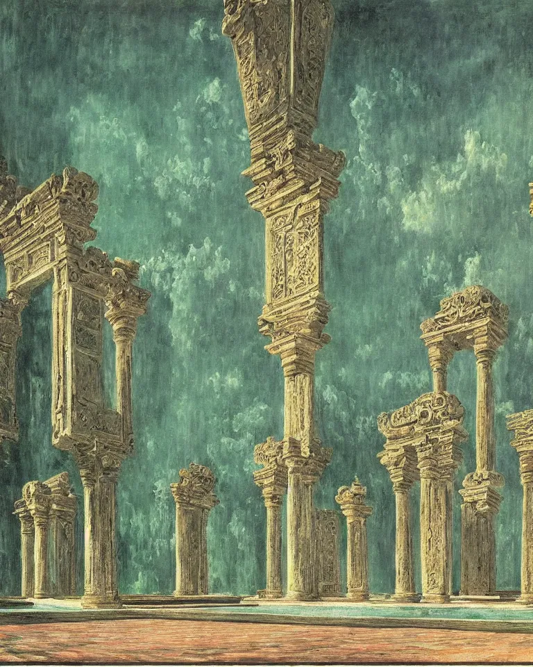 Image similar to achingly beautiful painting of intricate ancient palace on jade background by rene magritte, monet, and turner. giovanni battista piranesi.