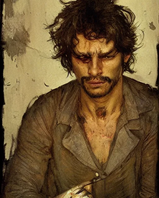 Prompt: a handsome but creepy man in layers of fear, with haunted eyes and wild hair, 1 9 7 0 s, seventies, wallpaper, a little blood, moonlight showing injuries, delicate embellishments, painterly, offset printing technique, by, jules bastien - lepage