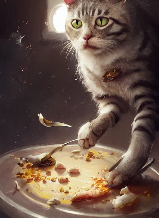 Image similar to a whimsical portrait of a cat stealing food ; by greg rutkowski, sung choi, mitchell mohrhauser, maciej kuciara, johnson ting, maxim verehin, peter konig, final fantasy, marco lense, hd, high detail, atmospheric, trending on artstation