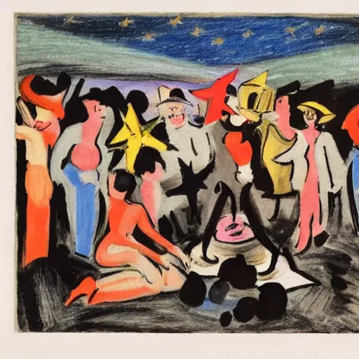 Image similar to hideous by kees van dongen kodachrome. drawing. a group of people gathered around a fire. they are all looking up at the night sky, where a bright star is shining