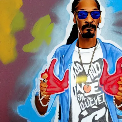 Prompt: snoop dogg holding a blue spray paint can, about to paint on cardboard