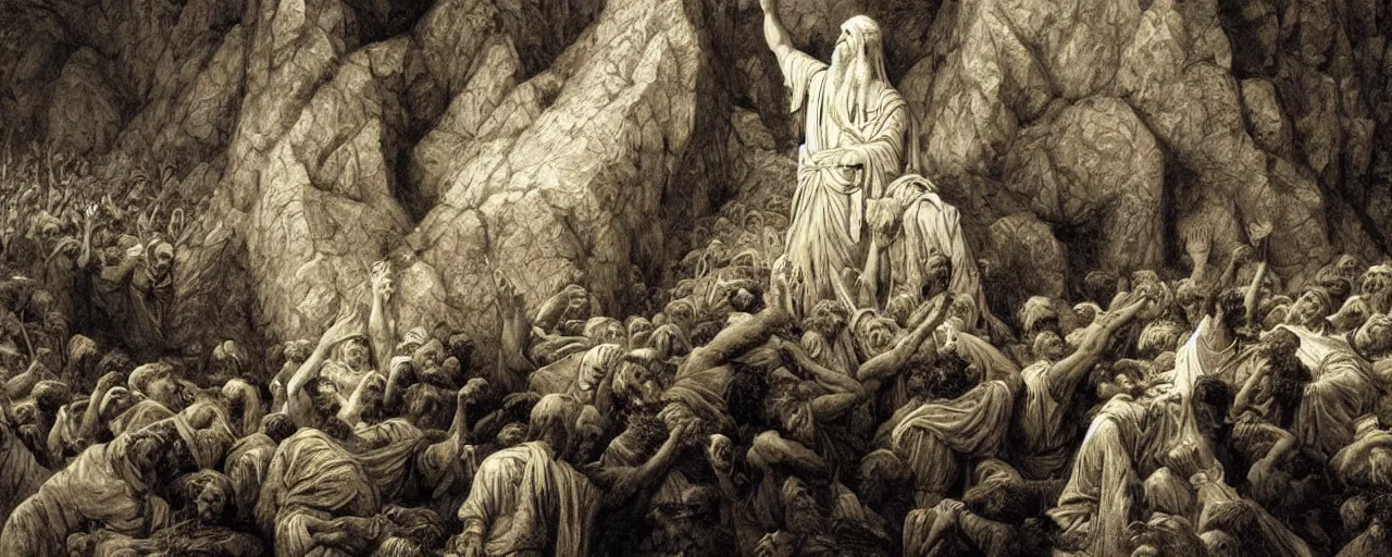 Image similar to moses holding up in the air the ten commandments stone tablets, photorealistic, highly detailed, texture, soft light, dramatic, moody, ambient, painting by gustave dore