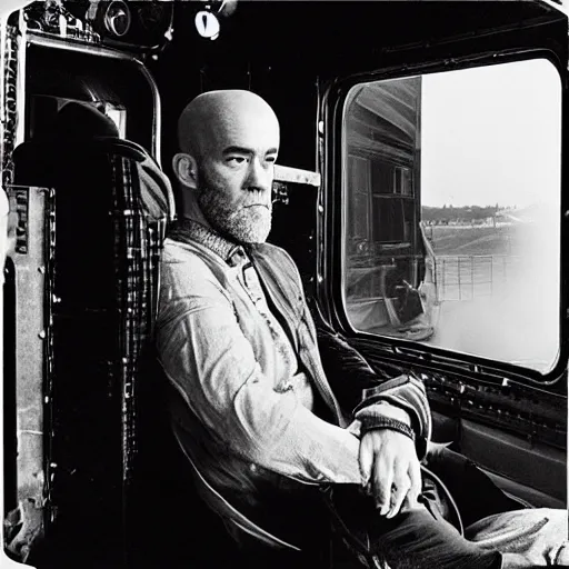 Prompt: photograph of michael stipe in the cab of a steam locomotive by anton corbijn