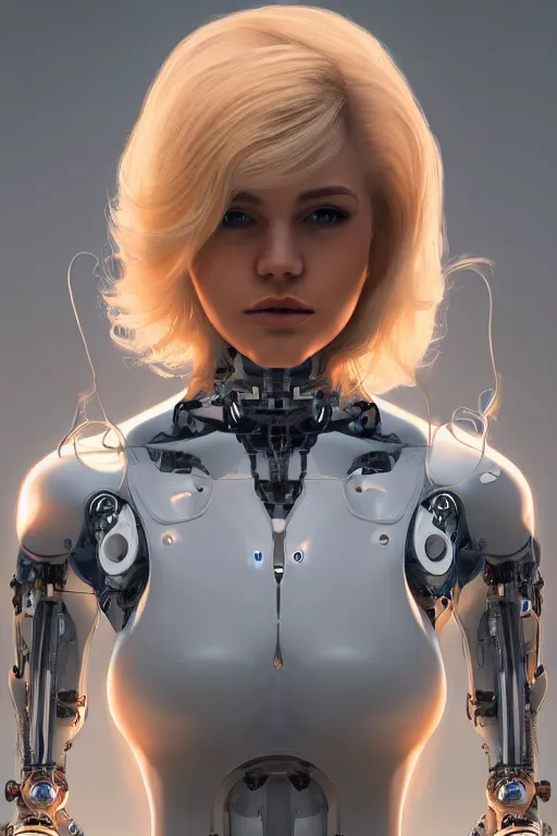 Image similar to a beautiful woman with blonde hair wearing robot suit with wires and light, highly detailed, photorealistic, artstation, smooth