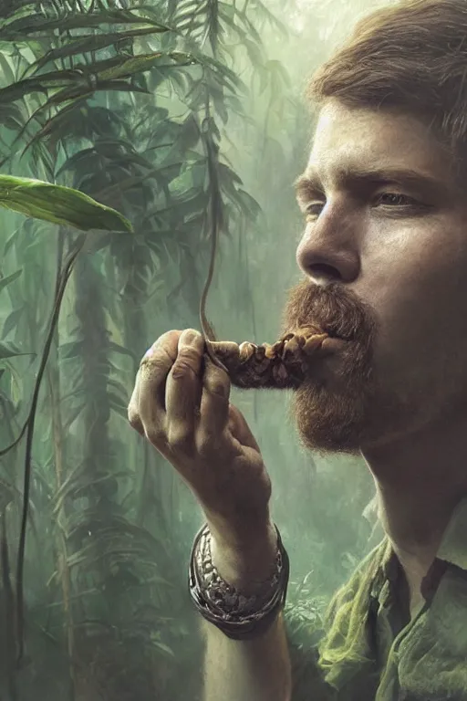 Prompt: a beautiful portrait of august schellenberg taking tobacco snuff in the jungle, hyper realistic face, fantasy art, in the style of greg rutkowski, intricate, matte painting, hyper detailed, smooth