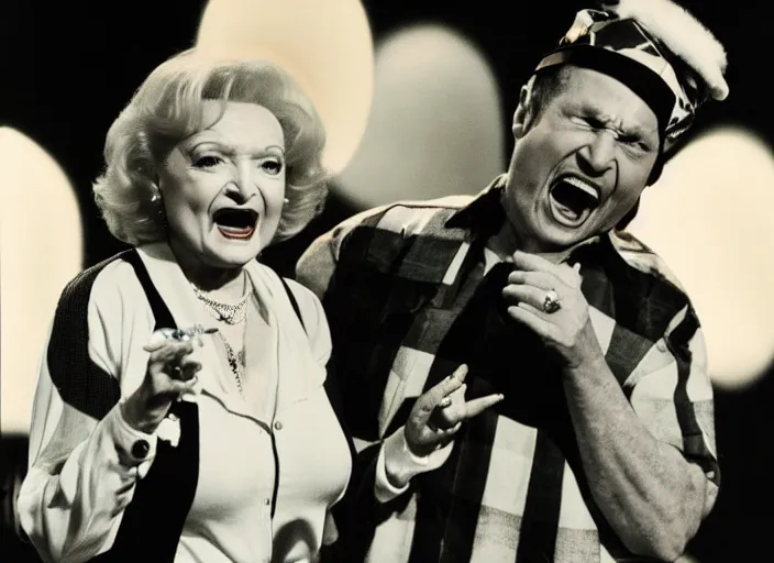 Image similar to publicity photo still of betty white as a gangsta rapper live on stage, 8 k, live concert lighting, mid shot