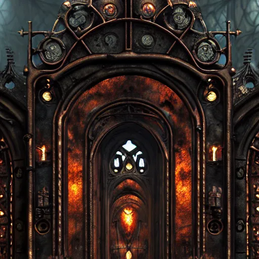 Image similar to steam necropolis, memento mori, gothic, neo - gothic, art nouveau, hyperdetailed copper patina medieval icon, stefan morrell, philippe druillet, ralph mcquarrie, concept art, steampunk, unreal engine, detailed intricate environment, octane render, moody atmospherics, volumetric lighting, ultrasharp, ominous, otherworldly