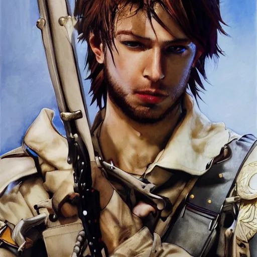 Image similar to portrait of a young white hero using his right arm to hold his sword covering his eye by yoji shinkawa, high quality, extra details, realism, ornate, colored, golden chain, blood, white skin, short hair, brown eyes, vivid, sunlight, dynamic, american man, freedom, white american soldier, painting, cybernetics, military