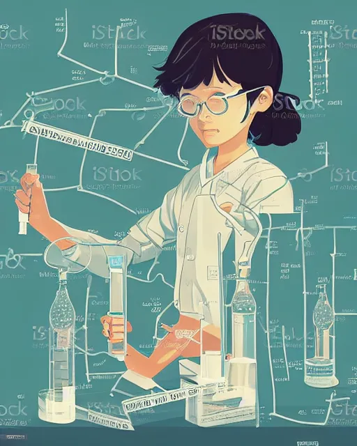 Image similar to a little girl in science lab experiment test tube microscope map. clean cel shaded vector art. minimalist illustration art by lois van baarle, artgerm, helen huang by makoto shinkai and ilya kuvshinov, rossdraws