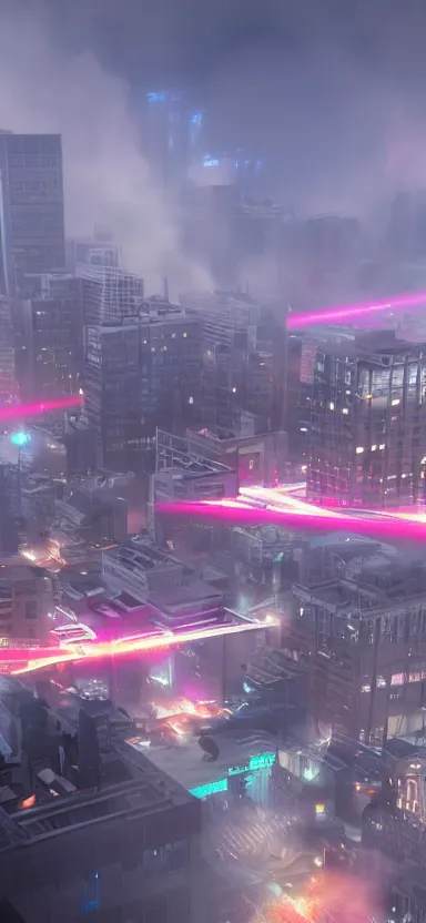 Image similar to unreal engine 5 render of a city with lasers coming out of the clouds, digital art ”