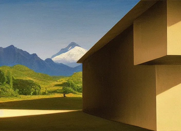 Image similar to painting of a tadao ando house in front of beautiful mountains by thomas cole