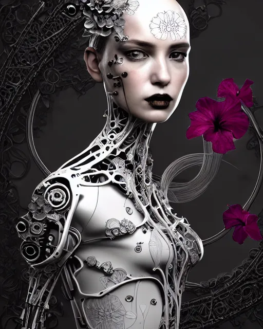 Image similar to monochrome profile portrait painting, silver lace floral steampunk biomechanical beautiful young female cyborg with techno eye, volumetric light, leaves foliage and stems, hibiscus flowers, sinuous fine roots, fine foliage lace, alexander mcqueen, rim light, big gothic fashion pearl embroidered collar, octane render, dutch masters, 8 k