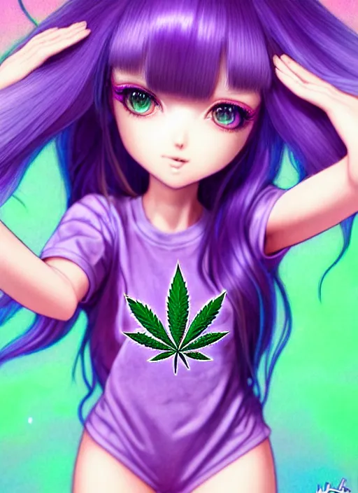 Image similar to richly detailed colored pencil 3 d illustration woman silky straight purple hair with iridescence wearing marijuana logo tshirt and short shorts, she staring at the camera happily art by range murata and artgerm.