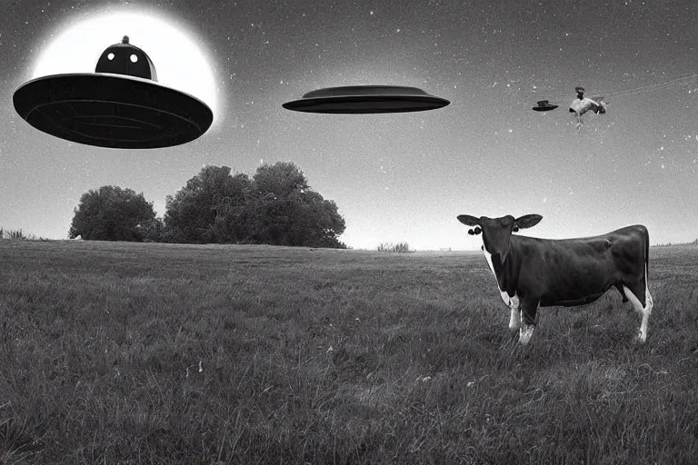 Prompt: an ufo abduct a cow, sci fi art