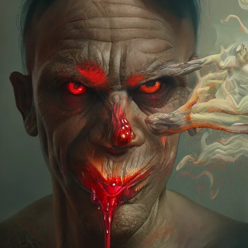 Prompt: realistic extremely detailed photo style portrait painting of a demon with smoke for a head and red burning eyes, siting in a chair, moebius, brom, ian miller, moody colors, octane render, 4k