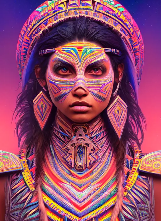 Image similar to hyper detailed ultra sharp of a beautiful tribal aztec trance girl. trending on artstation, warpaint aesthetic, earthwave, colorful, psychedelic, ornate, intricate, digital painting, concept art, smooth, sharp focus, illustration, art by artgerm and greg rutkowski and alphonse mucha, 8 k