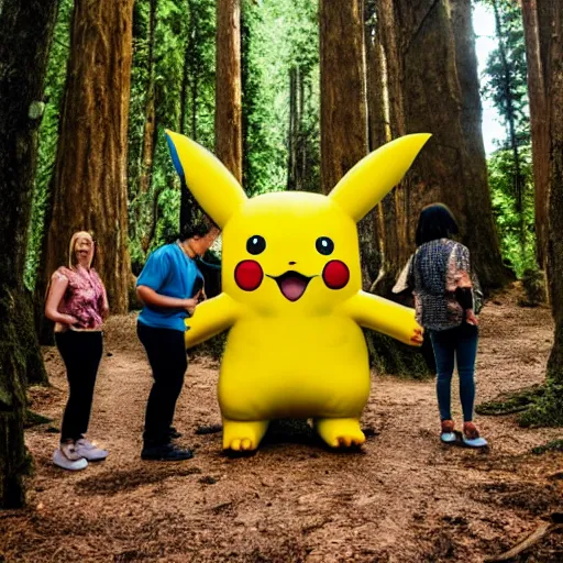 Image similar to a photograph of a group of people worshipping a giant pikachu in a forest. photo. photography. high quality. 4 k. 8 k