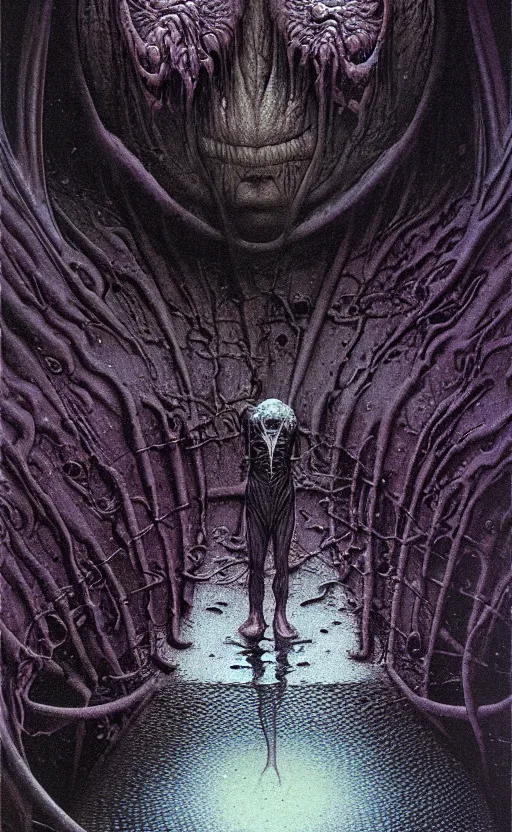 Image similar to a character reflection in a puddle by wayne barlowe, horror style, gritty, distopian