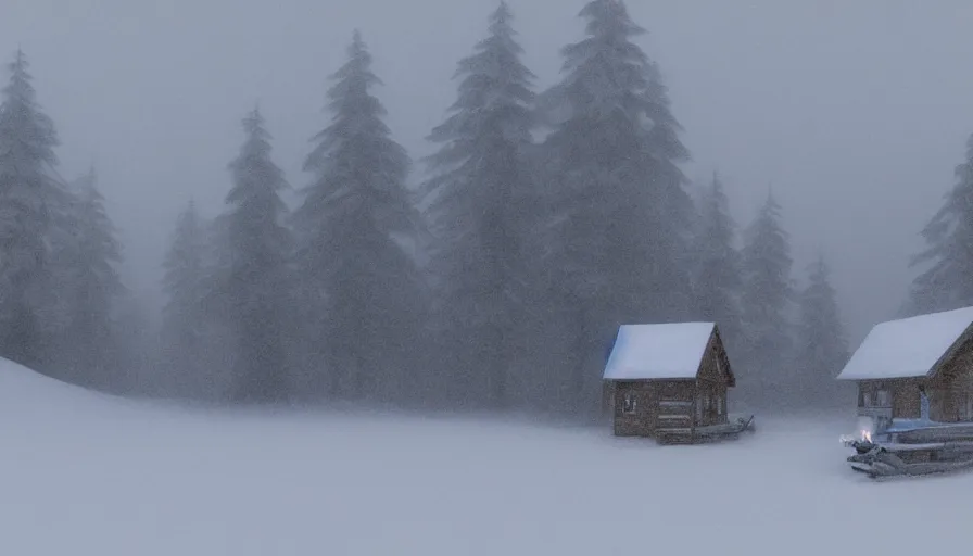 Image similar to A Snowplow!! clearing a beautiful snowy landscape with a small hut in the background. A blizzard and heavy snow falls. Fog and mist, highly detailed, concept art, digital art, 4k, high snow