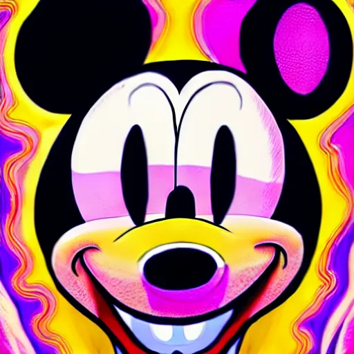 Image similar to an extremely psychedelic portrait of mickey mouse, surreal, lsd, face, detailed, intricate, elegant, lithe, highly detailed, digital painting, artstation, concept art, smooth, sharp focus, illustration