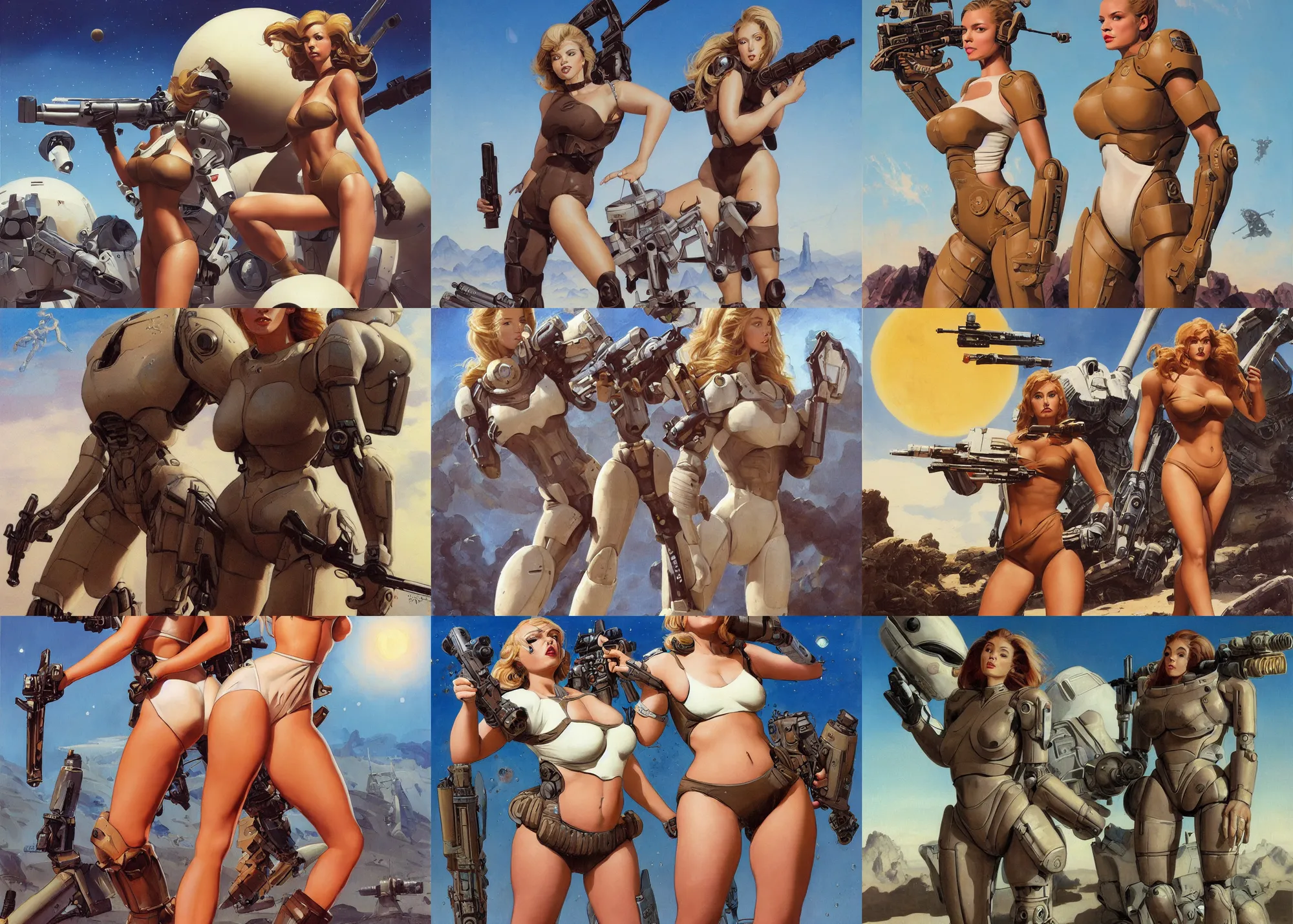 Image similar to A mixed media portrait painting of a very beautiful light-brown-haired woman on an alien planet, very curvy, aesthetic! high-waisted white-bikini-armor and boots, starship-troopers-rifle, aesthetic symmetrical face and eyes, model, wet, pacific-rim-mech in background, by Frank Frazetta, Boris Vallejo, Beeple, Greg Rutkowski, Christian MacNevin, eighties pinup style, epic fantasy character art, high fantasy, CGsociety, exquisite detail, post-processing, masterpiece, cinematic
