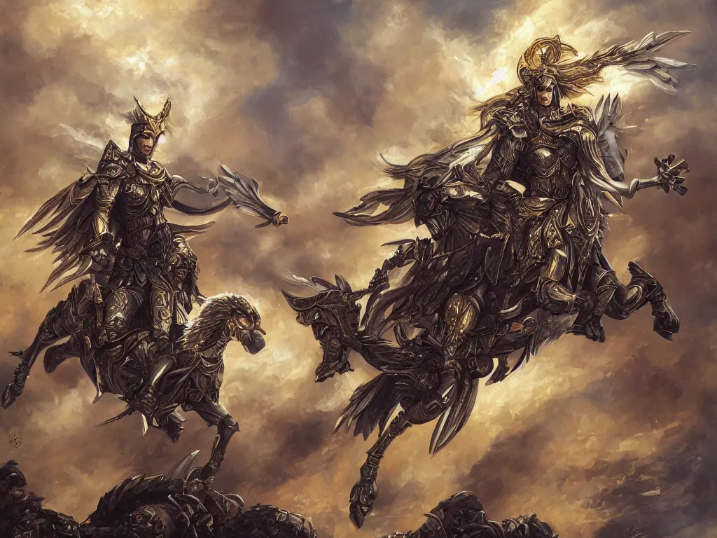 Prompt: valkyrie with golden armor on white pegasus, epic scene, painting in the style of brom, highly detailed