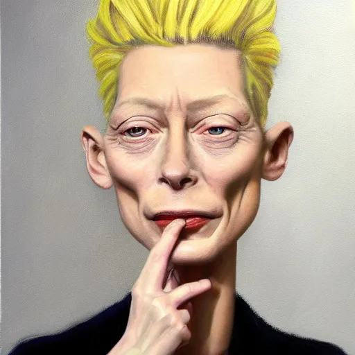 Prompt: an caricature of a young tilda swinton smoking a blunt, realistic oil painting by david levine, trending on art station, 4K