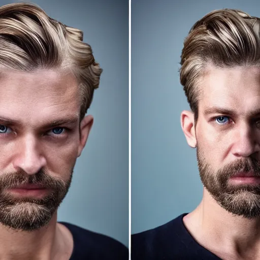 Image similar to close up of face of very handsome 4 0 year old slavic blond man with blond stubble, very short wavy blond hair in a short pompadour style, pale skin, very dark blue eyes, hairy shoulders, hairy chest, portrait, 4 k