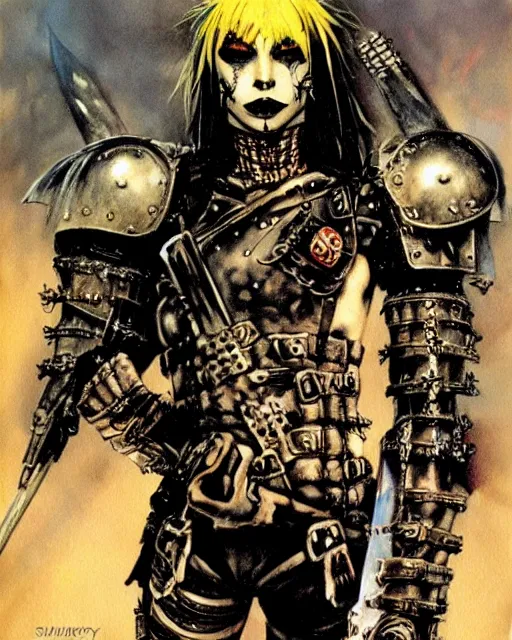 Image similar to portrait of a skinny punk goth soldier wearing armor by simon bisley, john blance, frank frazetta, fantasy, barbarian