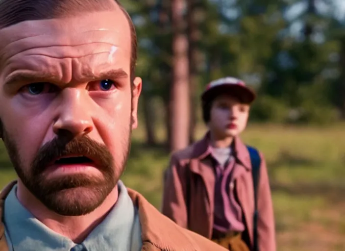 Image similar to film still of jim hopper as eleven in stranger things, 8 k