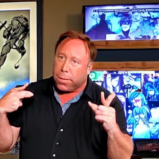 Image similar to alex jones shows off his anime collection.