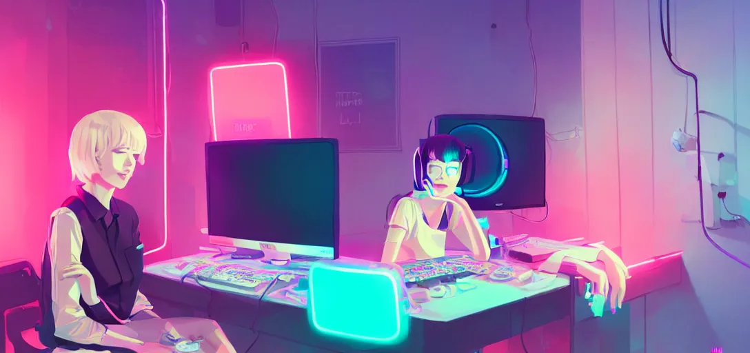 Image similar to a woman sitting in front of screens, gamer, computer nerd, cute room, neon lights, gamer aesthetic, lofi vibes, strong crisp lineart and flat color, by ilya kuvshinov, krenz cushart, Greg Rutkowski, trending on artstation