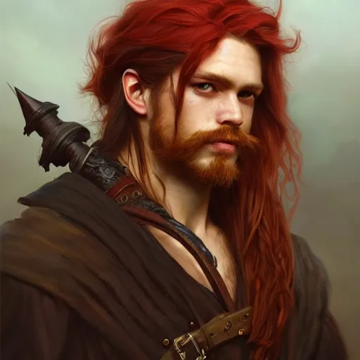 Prompt: portrait of a young rugged pirate, male, masculine, upper body, red hair, long hair, soft hair, D&D, fantasy, intricate, elegant, highly detailed, digital painting, artstation, concept art, matte, sharp focus, illustration, art by Artgerm and Greg Rutkowski and Alphonse Mucha