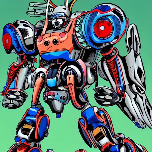 Image similar to combat mecha in the style of jeff koons and junji ito