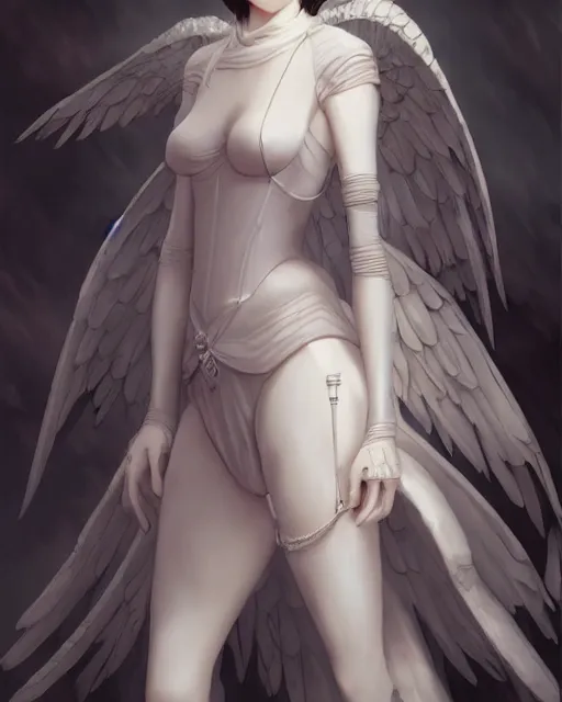 Image similar to range murata, an infinitely detailed portrait of a frail and pale female peace angel elegantly. fully - clothed full - body, beautiful! scenery art!! coherent! by wlop & murata range, victorian armor trim, cold color palette, artstation / pixiv!! elegantly armored angel portrait full - body, dreamy art