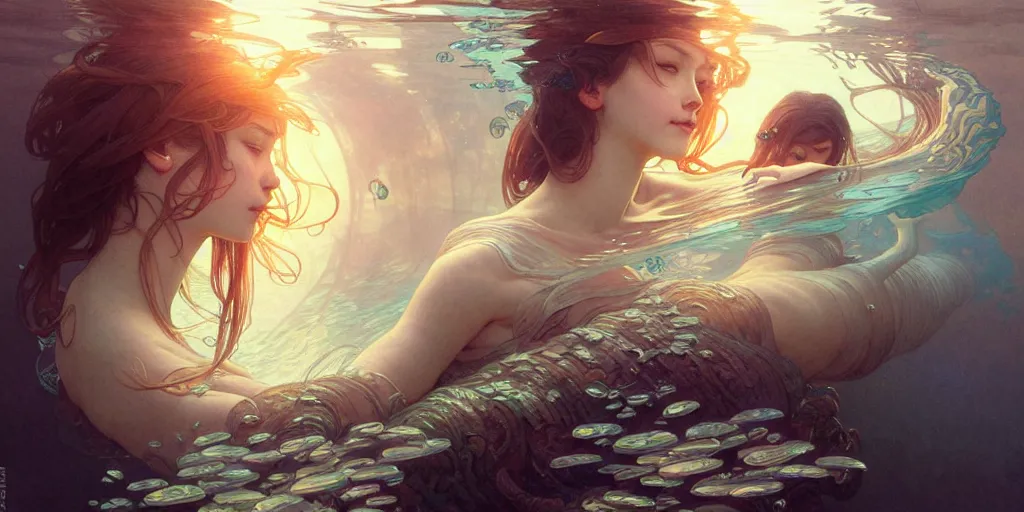 Image similar to a beautiful illustration of underwater life, intricate, sharp focus, illustration, highly detailed, digital painting, concept art, matte, art by wlop and artgerm and greg rutkowski and alphonse mucha, masterpiece