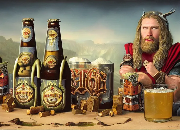 Prompt: thor beer, lowbrow, matte painting, 3 - d highly detailed, in the style of mark ryden,