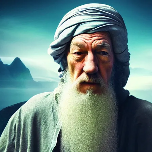 Image similar to landscape photo of ian mckellen as osama bin laden in a dark hood fighting an alien invasion by creatures from jupiter, arial shot, highly detailed, cinematic shot, cinematic lighting, 8 k.