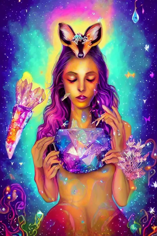 Image similar to psychedelic, digital painting, 4k, illustration, beautiful seductive woman with fox ears smoking weed, with professional makeup, long trippy hair, a crystal and flower dress, sitting on bed of crystals, surrounded by gems, underneath the stars, rainbow fireflies, trending on patreon, deviantart, twitter, artstation, volumetric lighting, heavy contrast, art style of Greg Rutkowski and artgerm and alphonse mucha