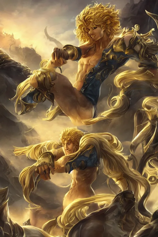 Image similar to Dio as a blond male demigod with beautiful long curly hair proclaiming victory over his subjects, grandiose royal palatial staging, official league of legends splash art, artstation HD