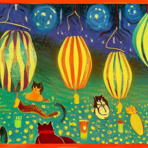 Image similar to detailed painting of cats and caterpillars at a carnival at night watching paper lanterns, in the style of eyvind earle and claude monet and vincent van gogh