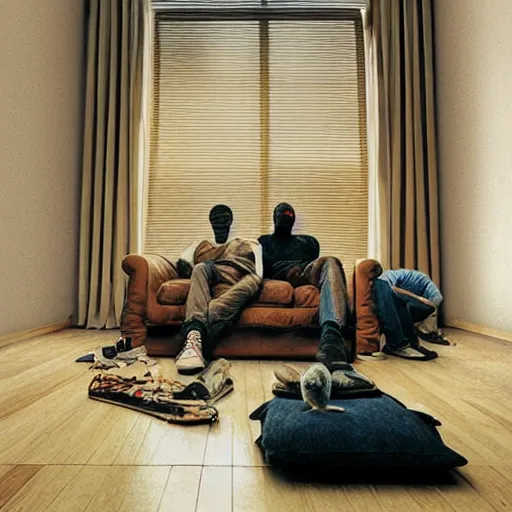 Image similar to gang members chilling around dirty couch in a beige room thick volumetric dust god rays shines through cheap blinds kinda atmosphere jonathan zawada style photography signed vinyl cover