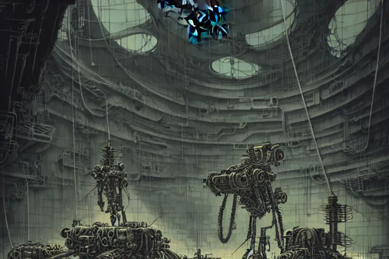 Prompt: dieselpunk mechs that look like Dragonfly, inside an gigantic underground concrete doom hangar, interior structure, drains, storm drains, jungle, vines, algea, cables, panels, walls, ceiling, floor, doors, brutalist architecture, intricate ink drawing, highly detailed in the style of Ashley Wood, moebius and Tsutomu Nihei, photorealistic, cinematic, intricate detail, well lit,