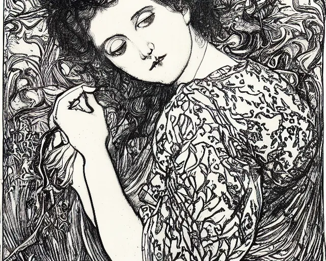 Prompt: ophelia by john everett millais, illustrated in the style of aubrey beardsley, black ink, decadent, floral, intricate line art